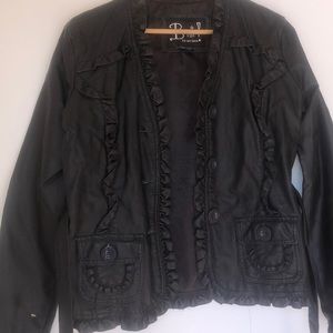 BLACK RUFFLE LEATHER JACKET WITH BELT